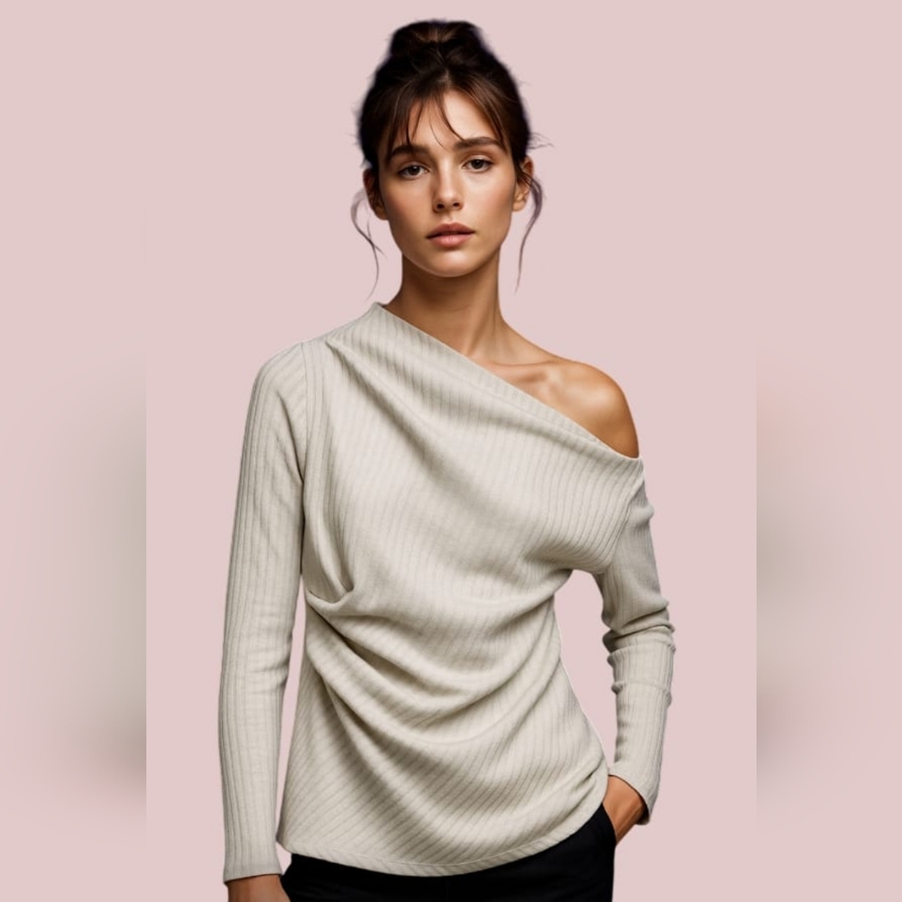 Zara Off-Shoulder Ribbed Long Sleeve Top in Light Beige